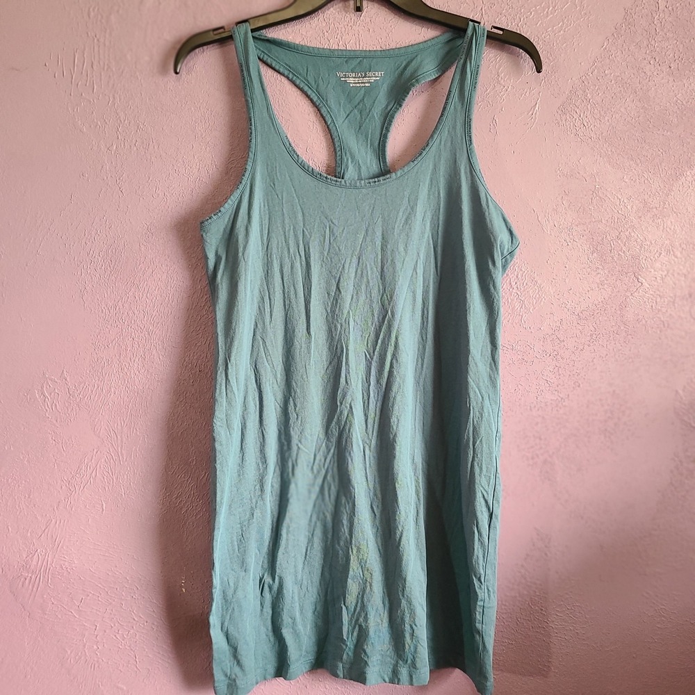 Victoria's Secret Logo Tank Top Women S Teal Blue Racerback Cotton Scoop Long